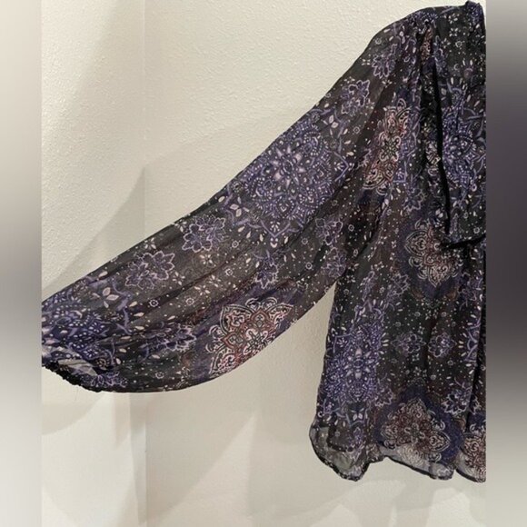 Maurices Dark Ruffle Semi Sheer Blouse Boho Western Feminine Puff Sleeve - Picture 2 of 7